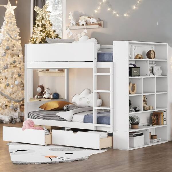 slide 2 of 32, Twin over Twin Bunk Bed With 2 Drawers And Multi-layer Cabinet For Bedroom White
