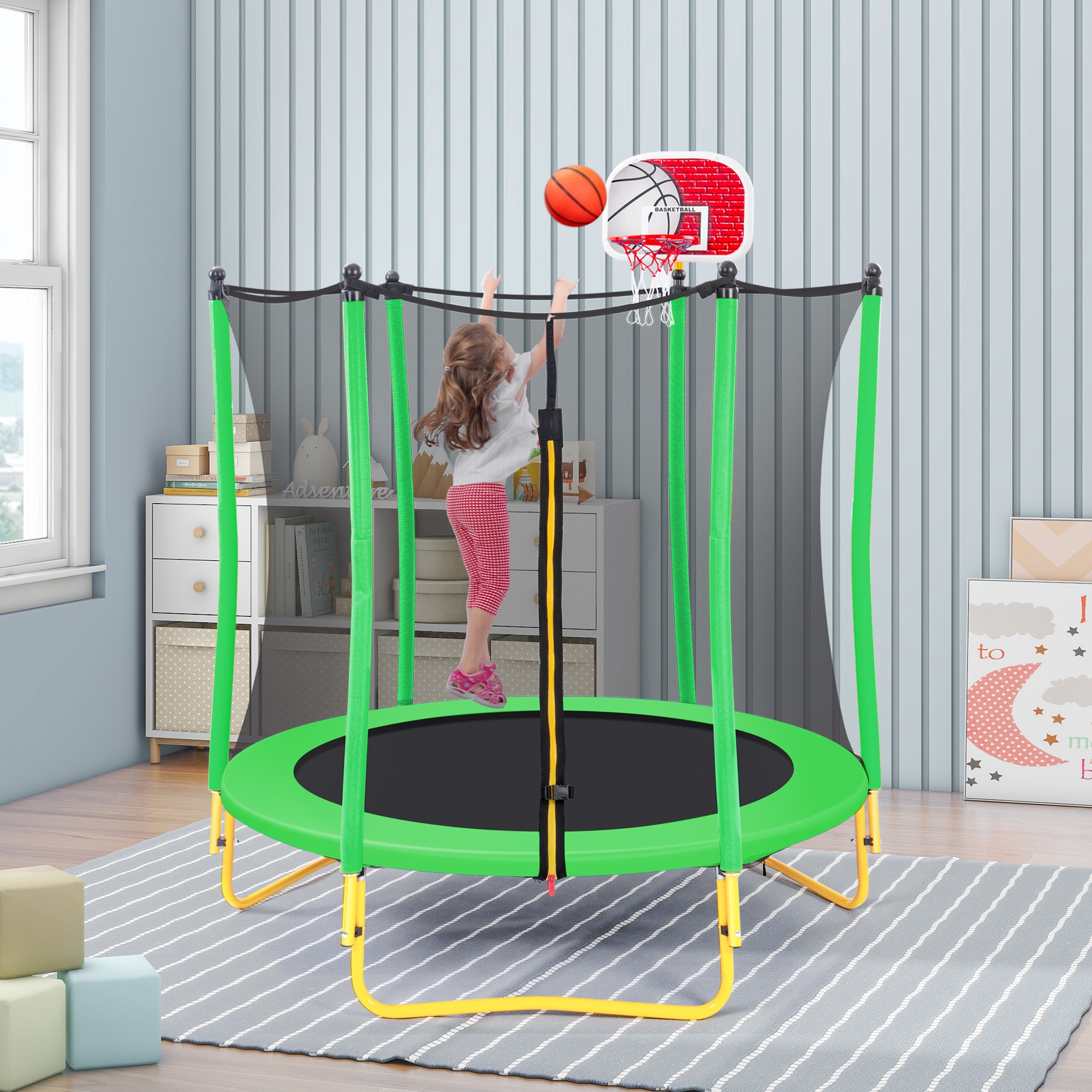 5.5FT Trampoline for Kids 65 Outdoor Indoor Mini Toddler Trampoline with Enclosure Basketball Hoop and Ball Included On Sale Bed Bath Beyond 40952193