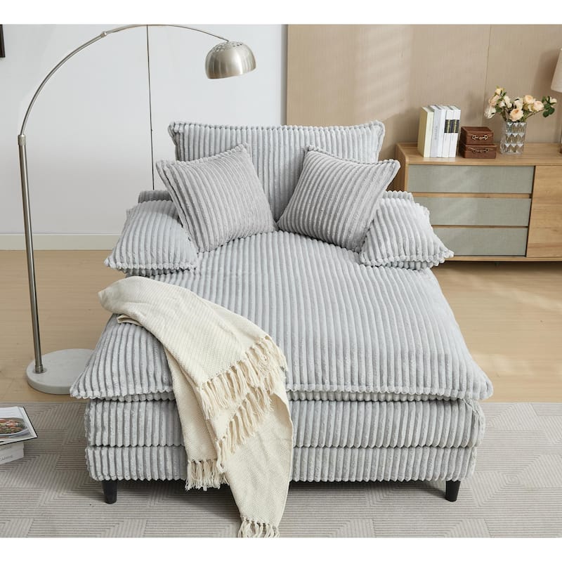 Reclining Sleeper Sofa Bed Single Chaise Lounge Corduroy Upholstered Lounge Couch Chair with Adjustable Backrest and Pillows