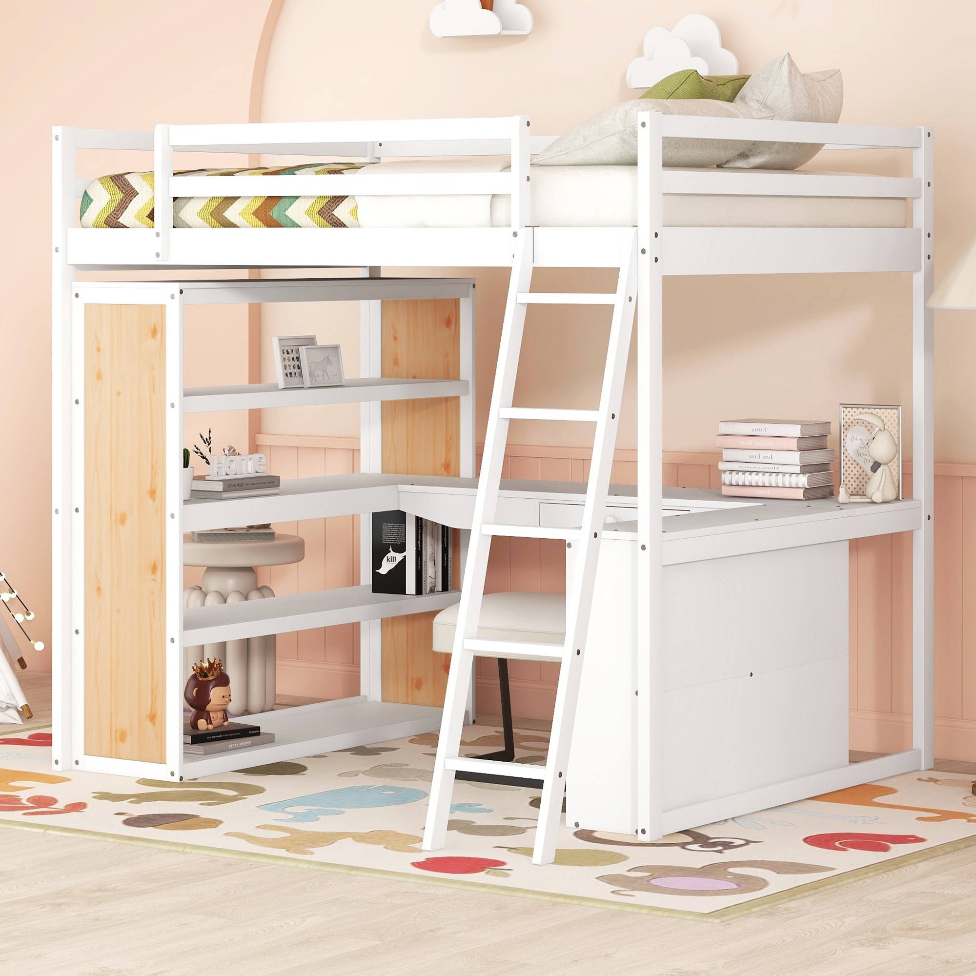 Full size wood loft bed with desk clearance underneath