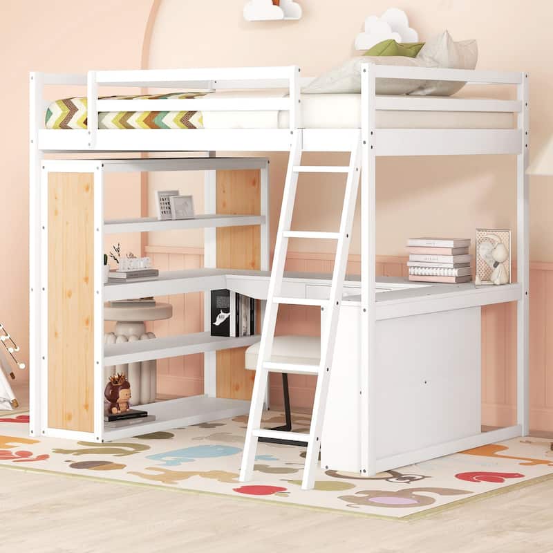 Wood Twin/Full Size Loft Bed with Built-in Desk and Shelves, Twin/Full Bedframe w/Full-Length Guardrails, for Kids Teens Adult
