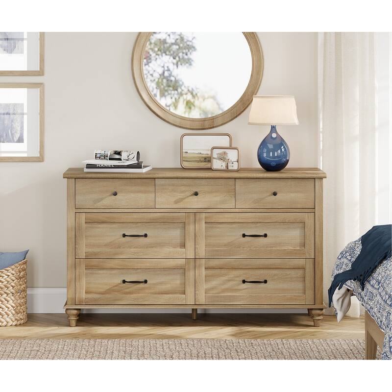 Mid Century Dresser for Bedroom with 7/8 Drawers, Wooden Kids Dresser - Oak - 7-drawer