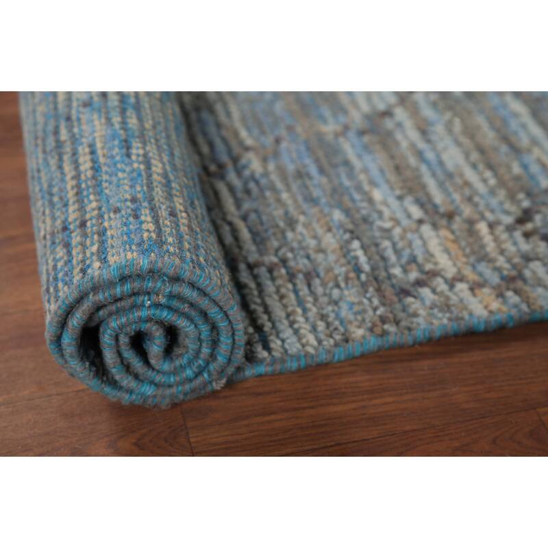 Striped Blue Trellis Moroccan Runner Rug Hand-Knotted Wool Carpet - 3'0"x 12'5"
