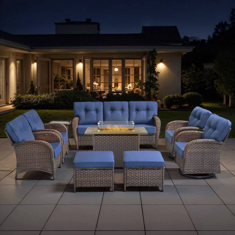 TWrap Wicker Patio Fire Pit Conversation Set with 3-Seat Sofa & Swivel Gliders & Armchairs - Brown/Navy Blue - With 2 Ottomans
