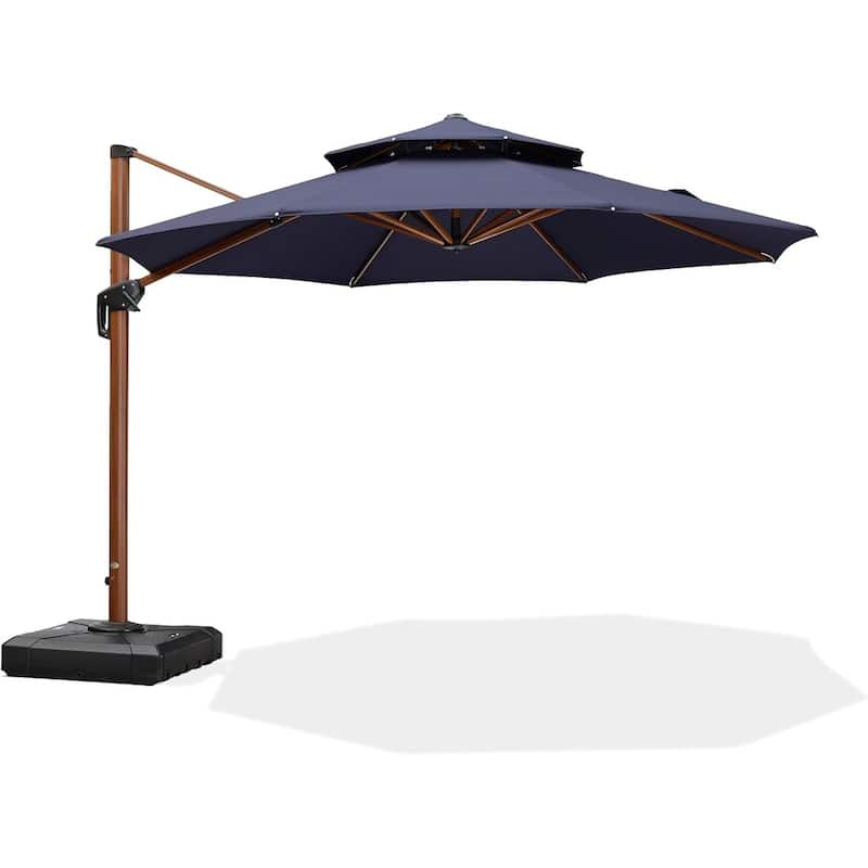 PURPLE LEAF Double Top10/11/12/13ft Round Patio Cantilever Umbrella in Wood Color - 11' x 11'/Navy Blue