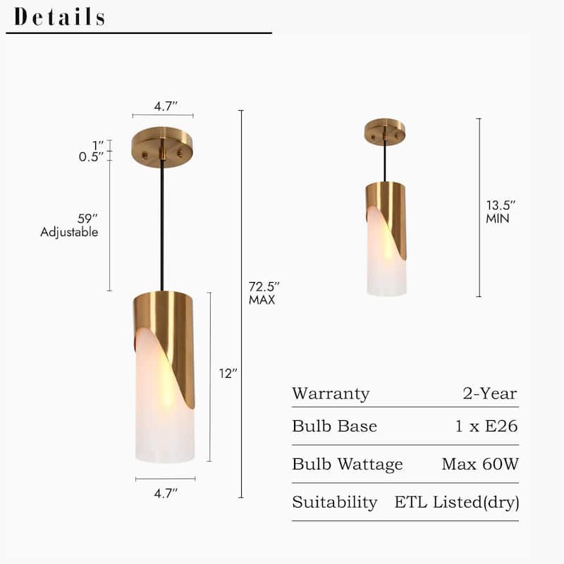 Ottilie Modern Farmhouse 1-Light Gold Cylinder Kitchen Island Pendant Light with Frosted Glass