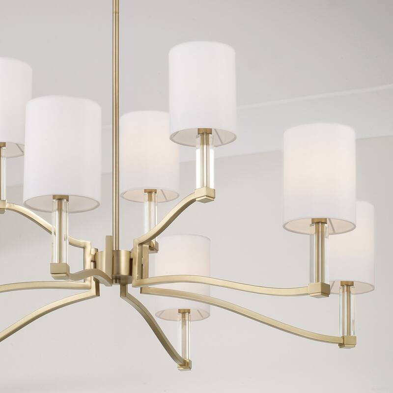 32" W x 9.25" H 9-Light Two-Tier Chandelier in Matte Brass with Clear Acrylic Accents and Cylindrical White Fabric Shades