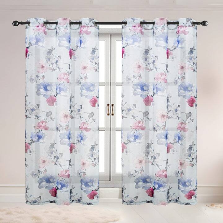 Alaina 2 Pack Floral Sheer Voile Grommet Window Curtain Panel, 37x84 Inches - Blue
