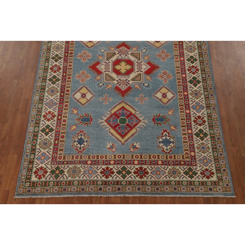 Blue Geometric Kazak Area Rug Hand-Knotted Traditional Wool Carpet - 6'8" x 9'9"