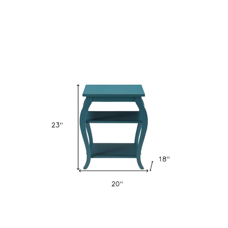 Teal Blue Wood End Table with Bow Legs and Two Storage Shelves - 18” x 20” x 23”