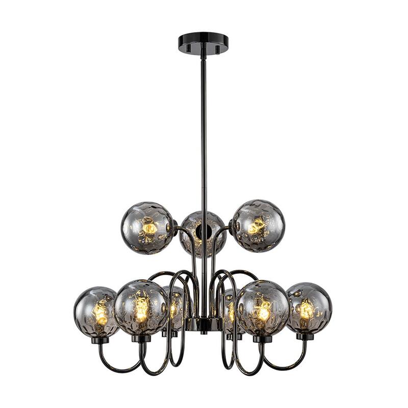 Art Deco 9-Light 2-Tier Smoked Water Glass Bubble Chandelier - 23.6in