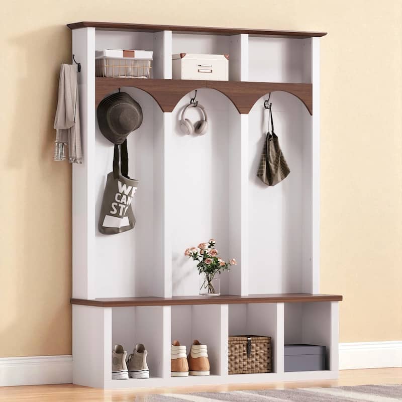 Farmhouse Wooden Hall Tree with Arched Design, Entryway Storage Bench with 5 Hooks and 7 Shoe Cubbies for Mudroom - White