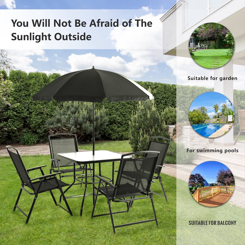 Futzca Folding Patio Dining Set, Garden Patio Furniture Set with Umbrella, Glass Table and 4 Folding Chairs