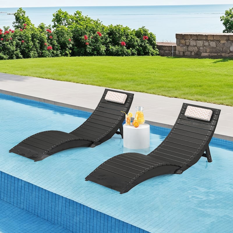1-Piece Folding HDPS Plastic Outdoor Pool Chaise Lounge with Headrest Cushion - Black