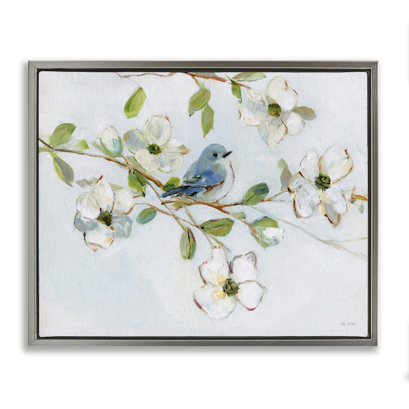Stupell Bird Perched on Dogwood Framed Floater Canvas Wall Art Design By Sally Swatland - 31 x 25 - Grey