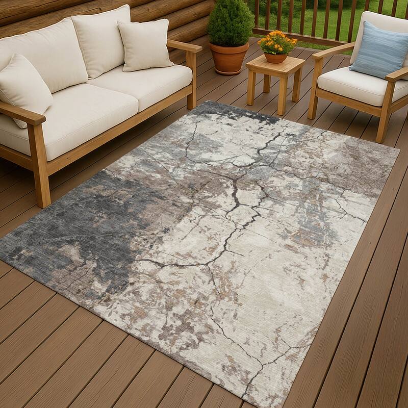 Machine Washable Indoor/ Outdoor Modern Crackle Chantille Rug - Taupe - 10' x 14'