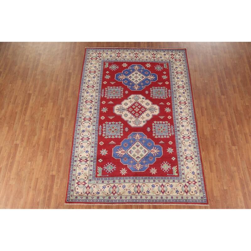 Hand Knotted Oriental 100% Wool Carpet Traditional Geometric Red Kazak Area Rug - 10' 1'' X 6' 10''