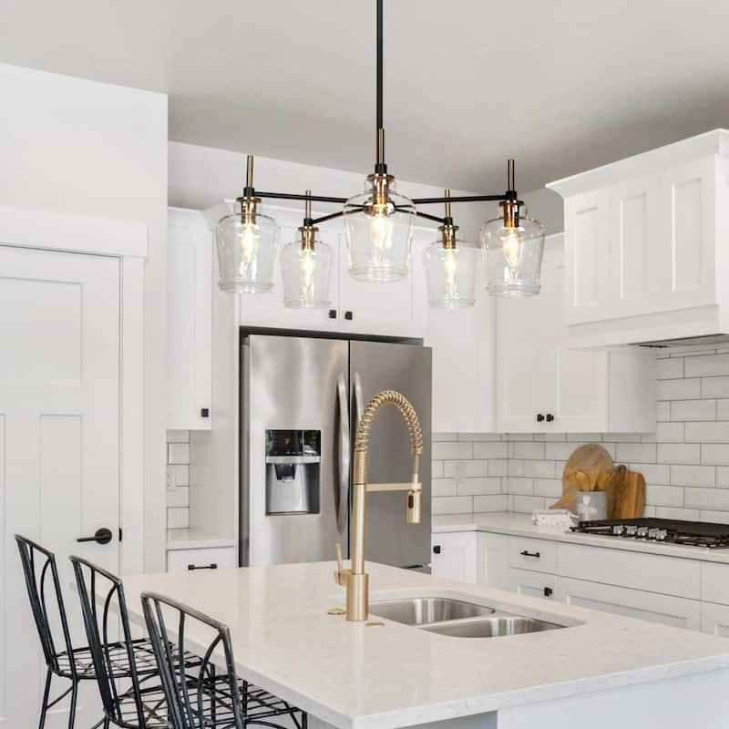 Modern 5-Light Black Gold Wagon Wheel Chandeliers Glass Pendant Light for Kitchen Dining Room