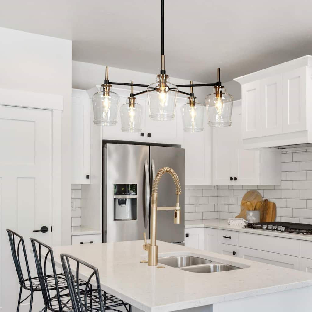 Modern 5-Light Black Gold Wagon Wheel Chandeliers Glass Pendant Light for Kitchen Dining Room