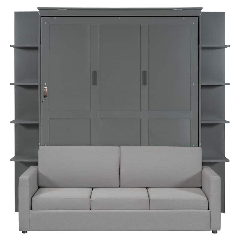 Queen Size Wooden Murphy Bed Wall Bed with Sofa and Storage Shelves