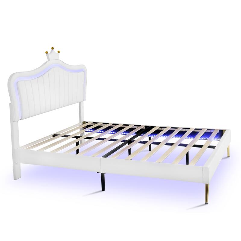 Modern Queen/Twin Full Upholstered Platform Bed with LED Lights, Adjustable Crown Headboard, No Box Spring