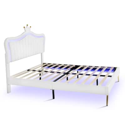 Queen Size Upholstered Bed Frame with LED Lights and Crown Headboard, Modern Princess Bed with Adjustable Height
