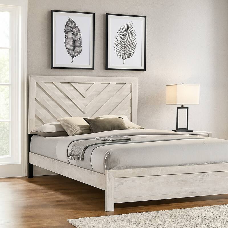 Velz Twin Size Bed w Chevron Patterned Headboard, Beige Wood Finish