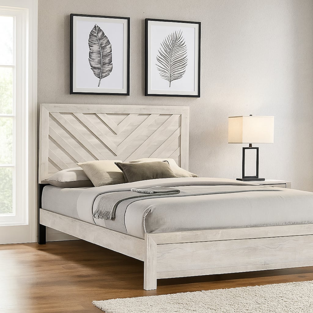 Velz Twin Size Bed w Chevron Patterned Headboard, Beige Wood Finish