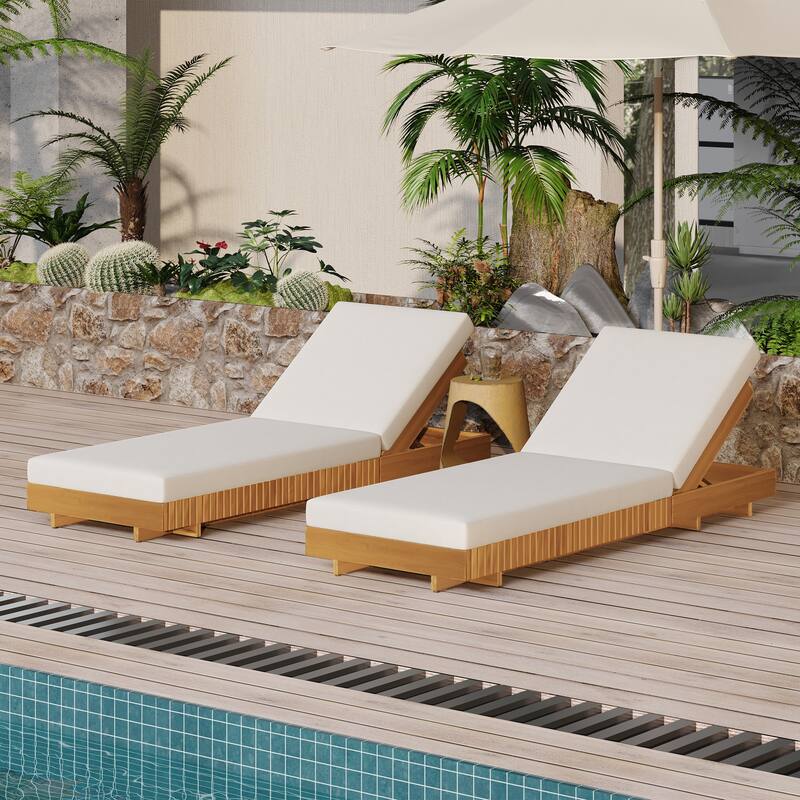 Christopher Knight Home - Gimmie Lounge Chaise Set Solid Acacia Wood with Waterproof Cushion & Adjustable Backrest - Cream + Set of 2