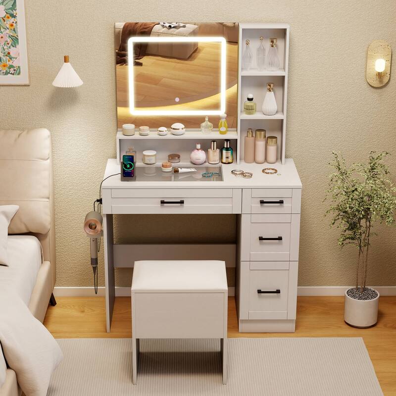 Costway 35.5" Makeup Table Set Vanity Desk with Mirror and Lights 2 - See Details