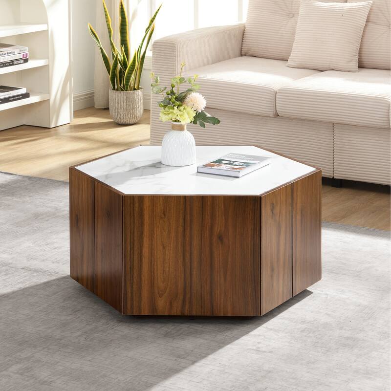 Roomfitters Hexagonal Retro Coffee Table with 2 Hidden Storage Nooks, Black Marble Pattern Top