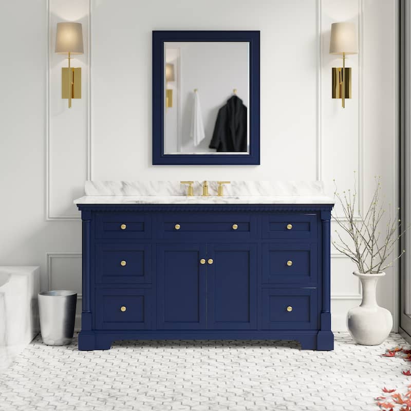 KitchenBathCollection Sydney 60" Single Bathroom Vanity with Carrara Marble Top - Royal Blue