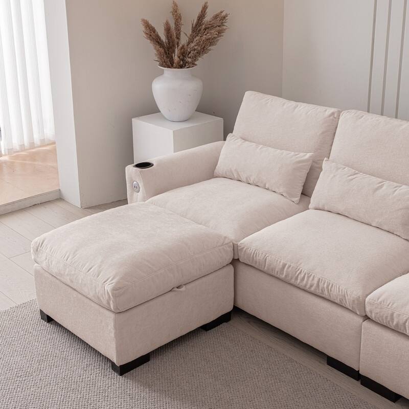 114.5" Modern Chenille L Shaped Sofa With Reversible Ottoman,Sectional Couch With USB Ports & Cup Holder