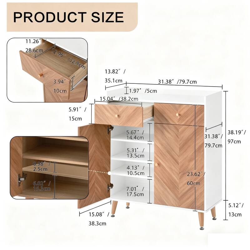 GDFStudio Thatch Shoe Cabinet with Commercial-Grade Laminate Herringbone Storage and Adjustable Shelves