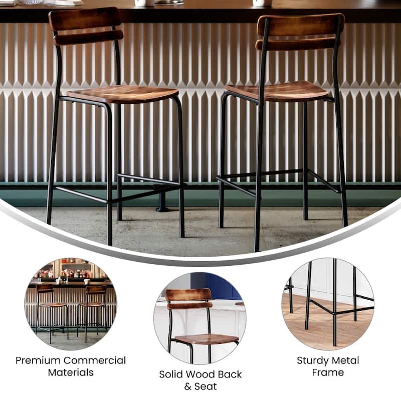 Commercial Solid Wood Bar Stool with Frame and Antique Finish - 19.75"W x 22.25"D x 44.5"H