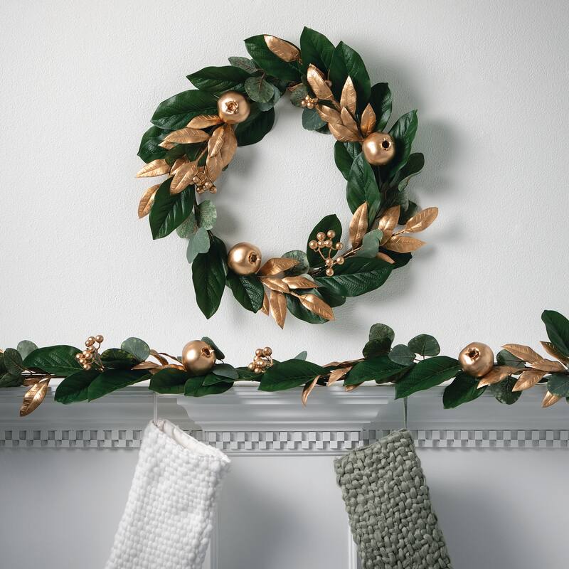 Sullivans Artificial Gold Berry Leaf Christmas Wreath, Green On Sale