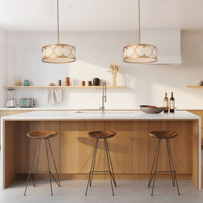 Modern Farmhouse 3-light Dining Drum Chandelier Pendant Lights with Fabric Shade - D17.5"x H 14"
