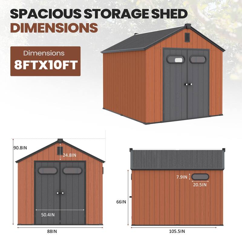 Pellebant 8X8/8X10/8X12 FT Resin Outdoor Storage Shed with Floor for Patio Furniture and Tools