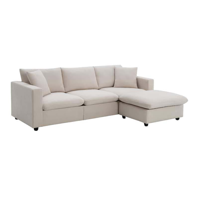 Beige 100.4'' Polyester L-Shaped 4-Seat Sectional Sofa Couch with Convertible Ottoman and 2 Pillows, Contemporary Design