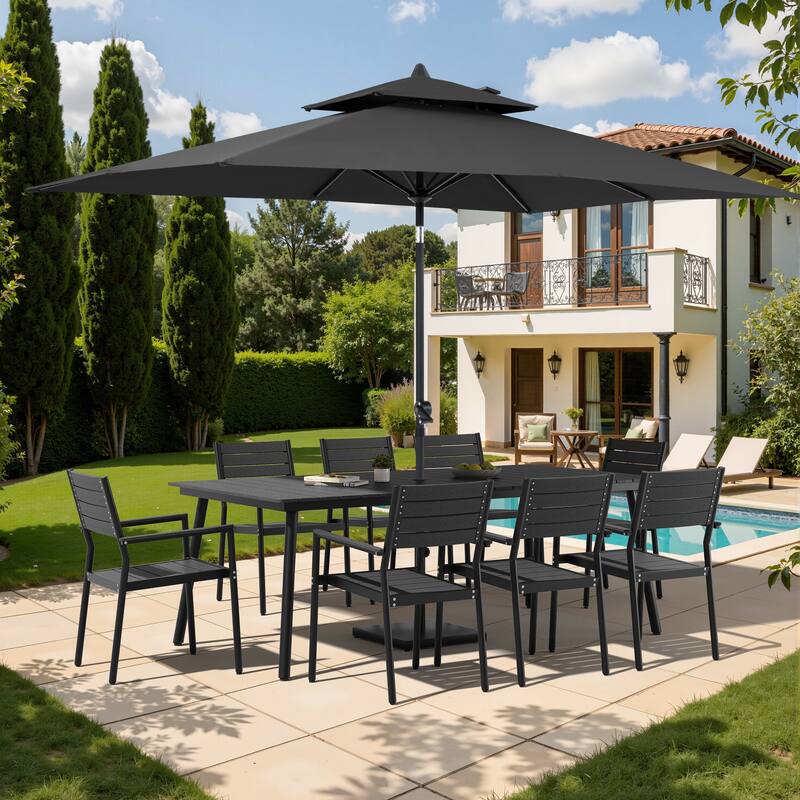 11-Piece Patio Dining Set w/10 ft Umbrella and Base, Rectangle Aluminum Table and 8 Stackable Chairs - Black Table with Black Umbrella