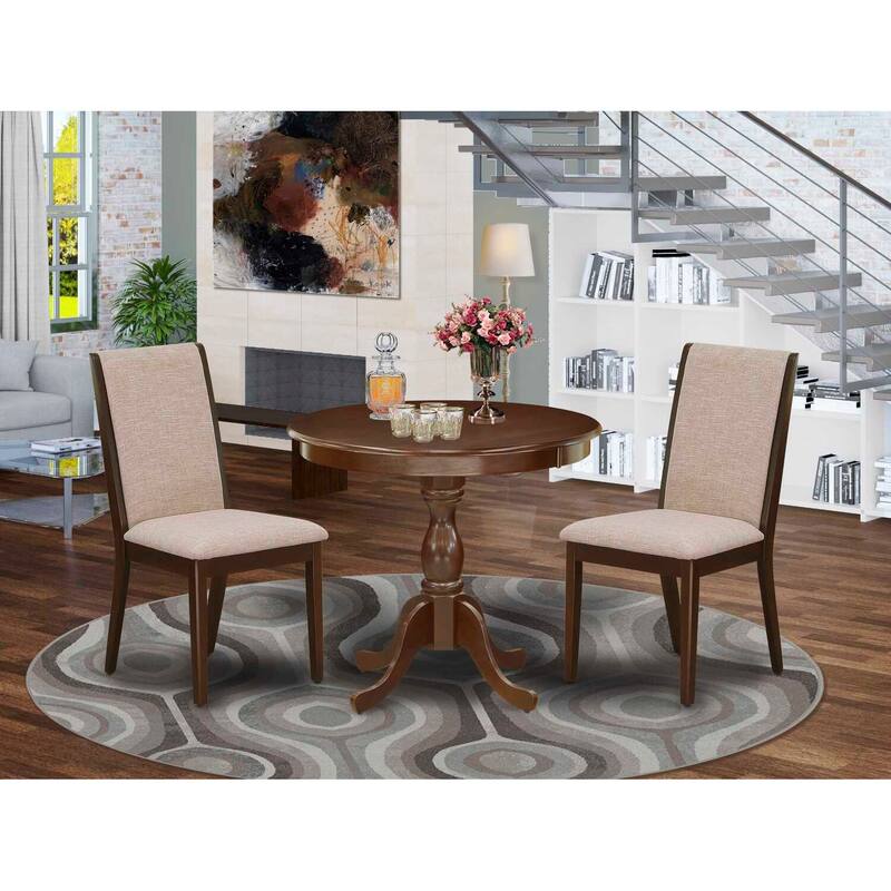3-Piece Mahogany Finish Solid Wood Top - Round Dining Room Set with High Back - Seats 4