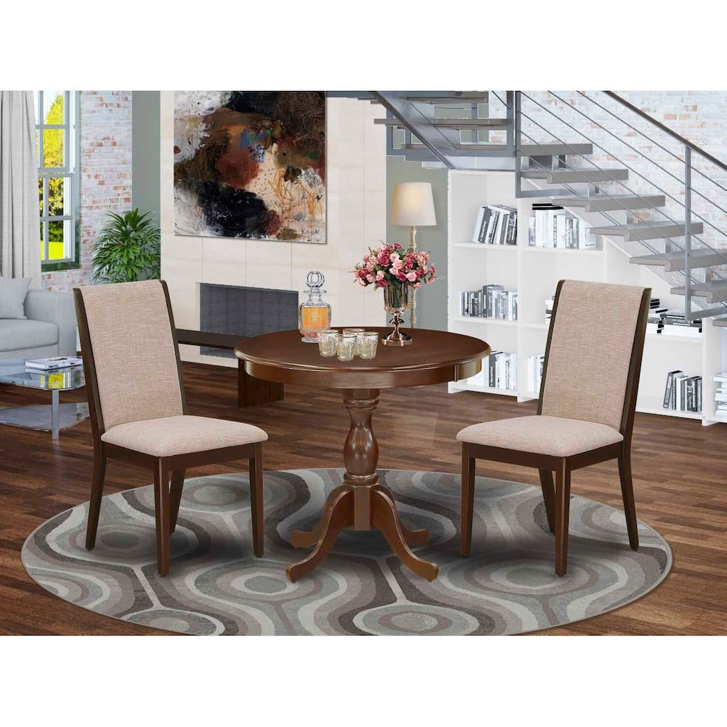 3-Piece Mahogany Finish Solid Wood Top - Round Dining Room Set with High Back - Seats 4