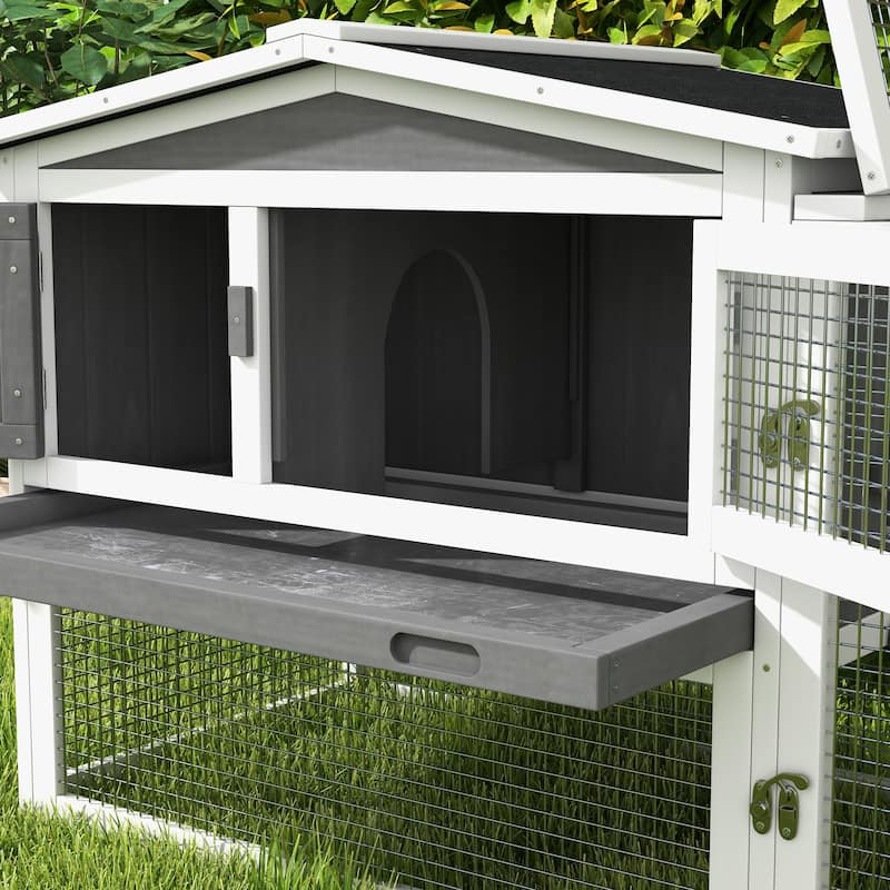 Outdoor Bunny Hutch with Waterproof Roof and Large Run Ramp Feeding Trough for 1-2 Small Animal - 61.5"L x 22.75"W x 26.75"H