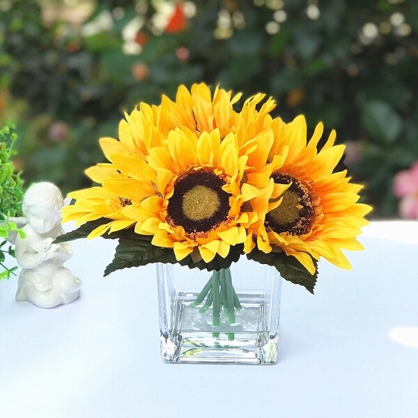 Enova Home Artificial 6 Heads Silk Sunflowers Fake Flowers Arrangement in Clear Glass Vase with Faux Water Yellow