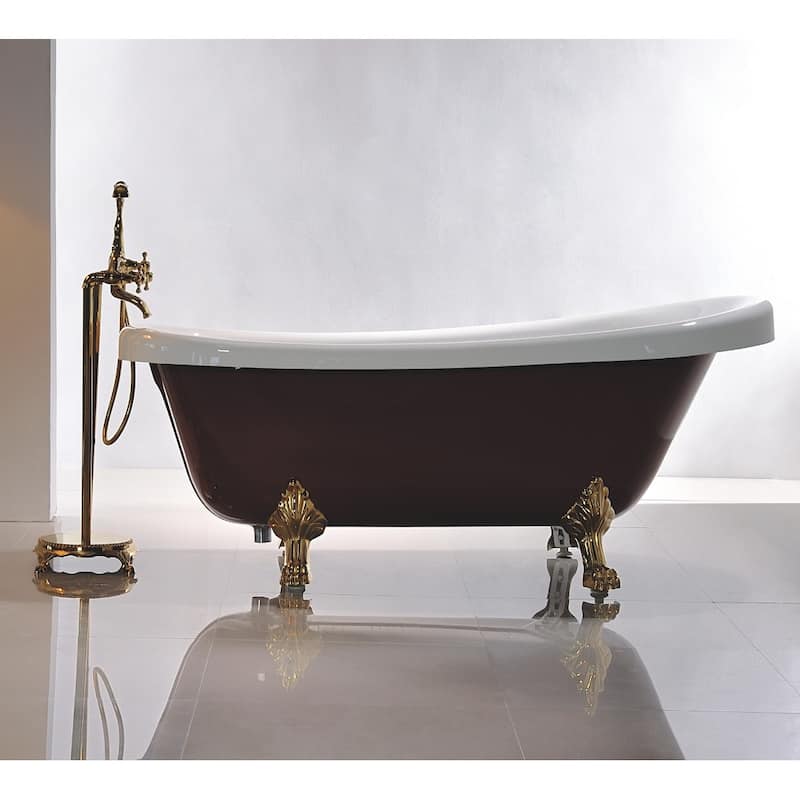 Vanity Art 66.9 Inch Freestanding Red Acrylic Bathtub Modern Stand Alone Soaking Tub with Antique Gold & Pop-up Drain