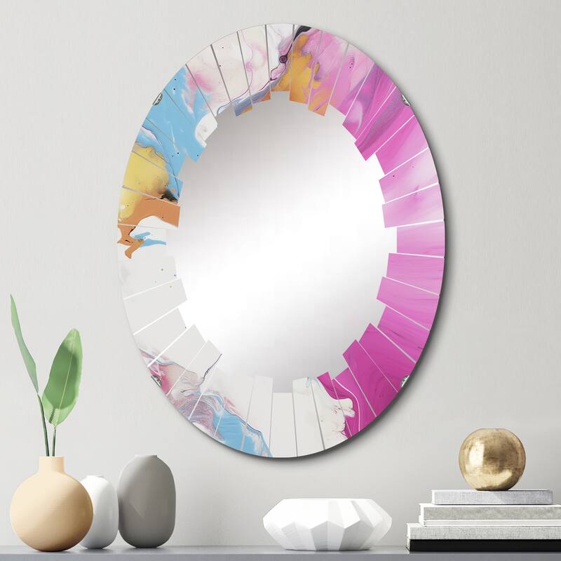 Designart "Fushia Pink and Light Blue Fluid Illusions II" Abstract Modern Wall Mirror - 20in.x30in.