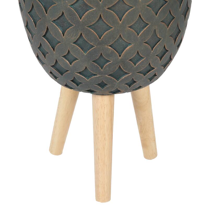 Butterfly Embossed Brown 12.3-Inch Round MgO Planter with Wood Legs