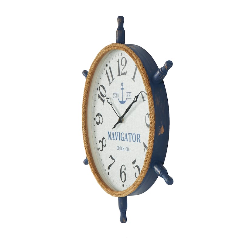 Wood Ship Wheel Decorative Wall Clock with Brown Rope Frame and Blue Spokes - White - Roche River Decor