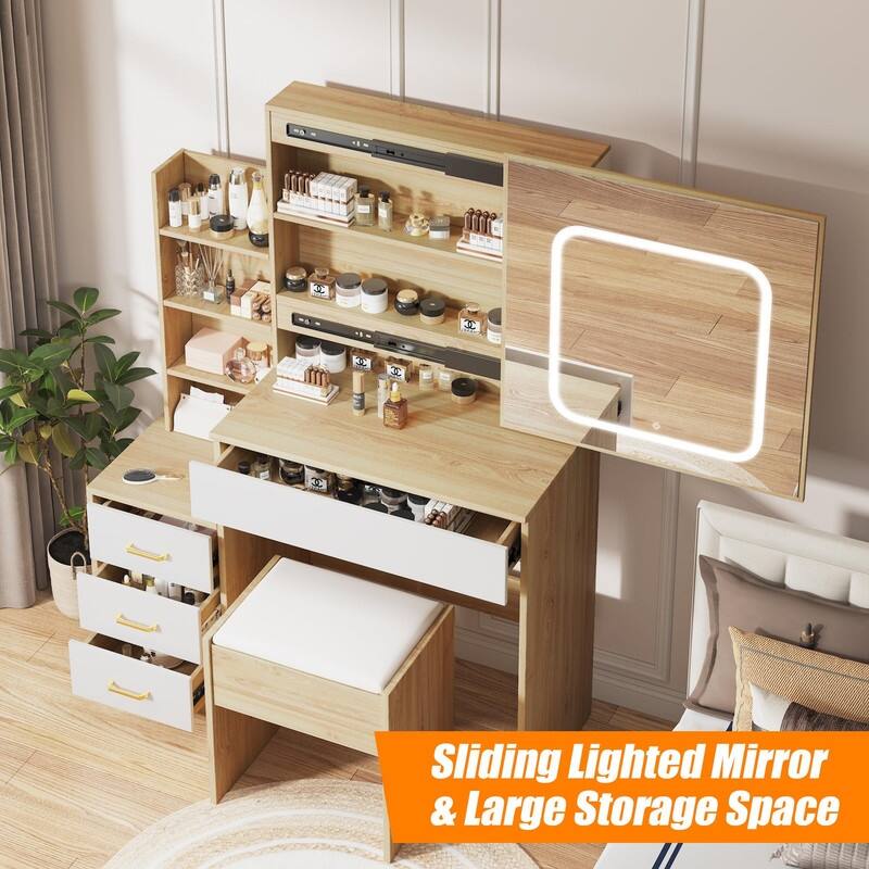 Vanity Desk with Sliding Mirror, Charging Station, 4 Drawers, Shelves, Stool