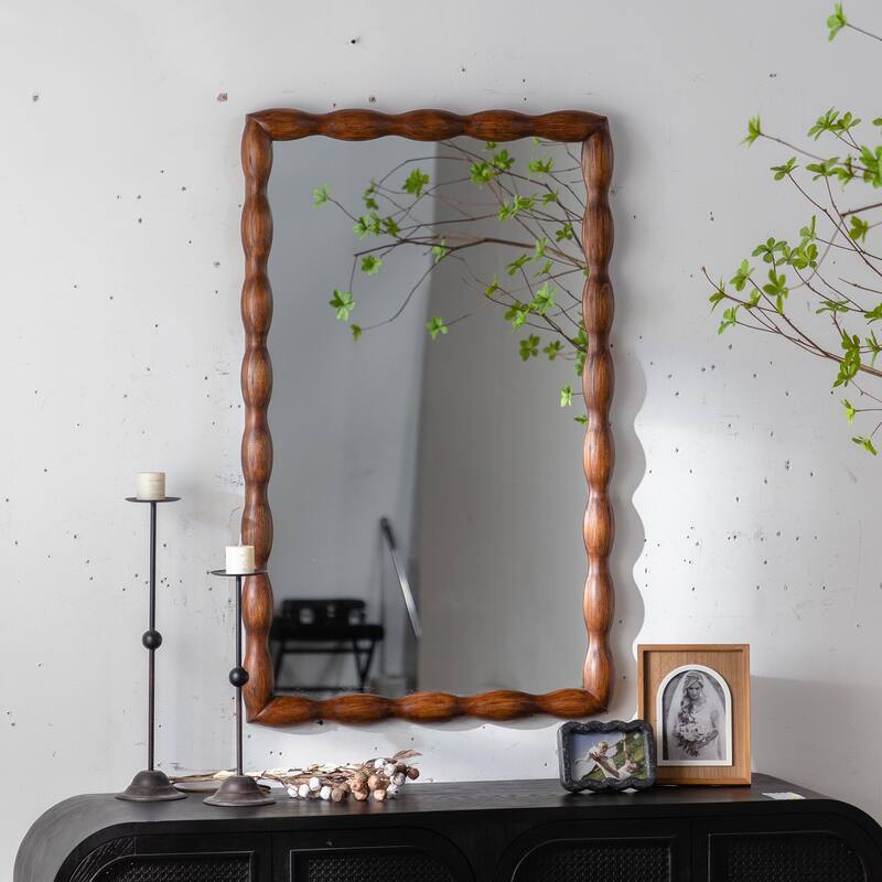 Mid-Century Modern Wall-Mounted Mirror with Solid Wood Frame